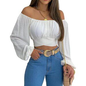 Woman Off Shoulder Ruched Tie Back Crop Top Summer Lantern Sleeve Boho Shirt